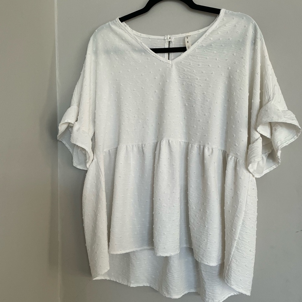 MTS White Swiss Dot Babydoll Blouse Flowy Ruffle Sleeve Boho Top Women’s S